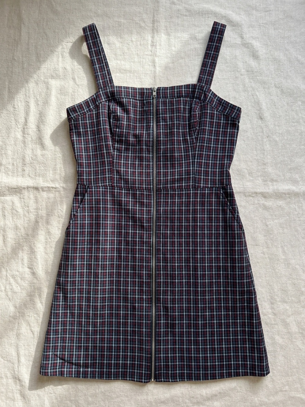 Hollister Plaid Front Zip Pinafore Overall Dress Dark Academica Y2K Pockets